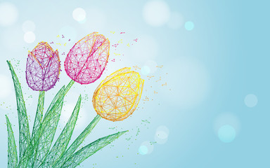 Fototapete - Tulip flowers form lines, triangles and particle style design. Illustration vector