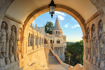 Feshermen's Bastion tower view in stone arch. Budapest