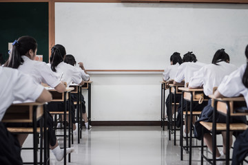 Wall Mural - behind girls group undergraduate students testing of examination in room and student sitting on row 