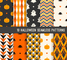 Ten Halloween different seamless patterns. Endless texture for wallpaper, web page background, wrapping paper and etc. Pumpkin and smiling ghost, spider, stripes, checkered template