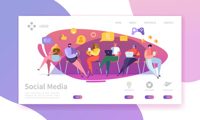 Wall Mural - social media services landing page. marketing communication concept with flat people characters webs