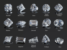 Fifteen Diamonds Of The Mot Popular Shapes With Labels On Black Glossy Background. 3D Rendering