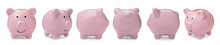 Set With Pink Piggy Bank From Different Views On White Background