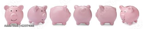 Fotomural Set with pink piggy bank from different views on white background