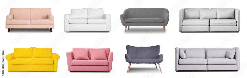 Set with different comfortable sofas on white background. Furniture for modern room interior - obrazy, fototapety, plakaty 