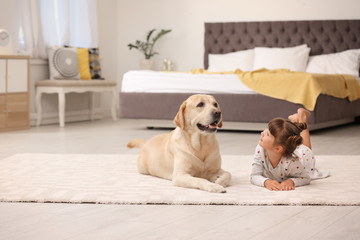 Wall Mural - Adorable yellow labrador retriever and little girl at home