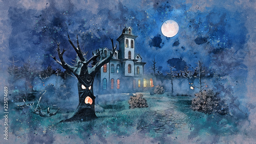 Watercolor Sketch Of Old Scary Haunted Mansion Among Fantastic