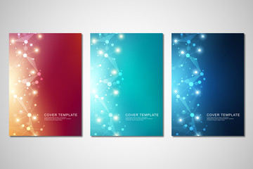 Wall Mural - vector template for brochure or cover with molecular structure background and connected lines and do