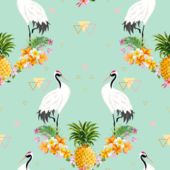 Naklejka na meble Seamless Pattern with Japanese Cranes, Pineapple and Tropical Flowers, Retro Bird Background, Floral Fashion Print, Birthday Japanese Decoration Set. Vector Illustration