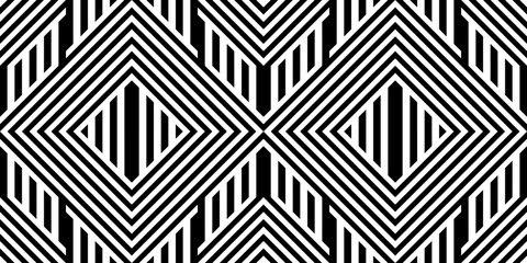 Wall Mural - Seamless pattern with striped black white straight lines and diagonal inclined lines (zigzag, chevron). Optical illusion effect, op art. Background for cloth, fabric, textile, tartan.