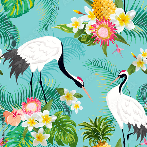 bezszwowy-wzor-z-japonskimi-zurawiami-i-tropikalnymi-kwiatami-retro-kwiecisty-tlo-moda-druk-urodzinowy-japonski-dekoracja-set-ilustracja-wektorowa