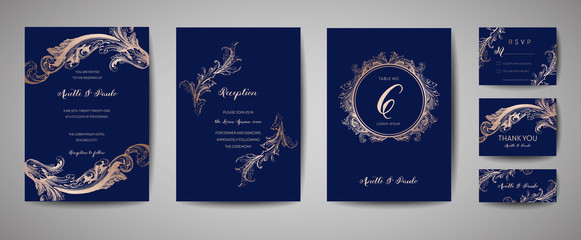 luxury vintage wedding save the date, invitation navy cards collection with gold foil frame and wrea