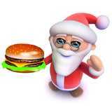 Fototapeta  - 3d Funny cartoon Christmas Santa Claus eating a cheese burger fast food snack meal.