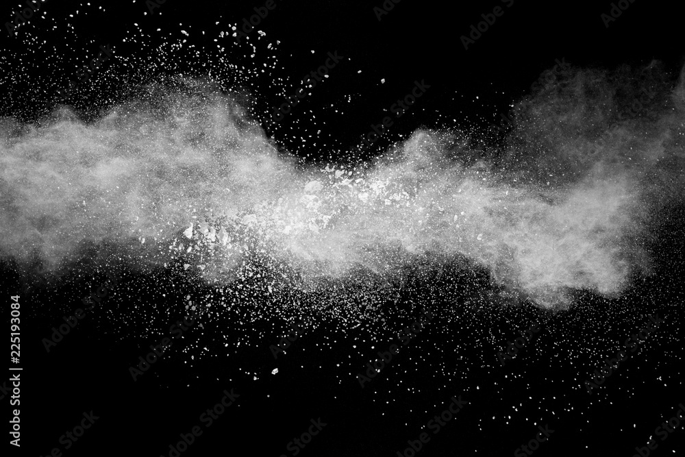 Bizarre forms of white powder explosion cloud against black background.White dust particles splash. - obrazy, fototapety, plakaty 