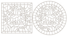 Set Of Contour Illustrations In Stained Glass Style For The New Year And Christmas,plush Dog Toy, Holly Branches And Ribbons In The Frame, Round And Square Image