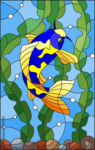ilustracja-w-witrazu-stylu-z-jaskrawa-laciasta-ryba-na-tle