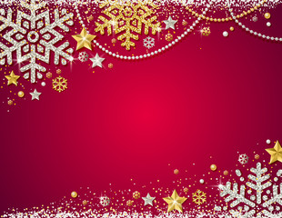 red christmas background with frame of golden and silver glittering snowflakes, stars and garlands, 