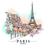 Paris cityscape illustration. Hand drawn artwork. Landmarks drawing.