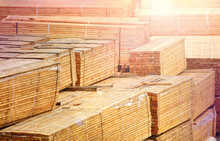 Logging Of Sawn Timber Treated Background. Wood Warehouse.
