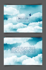 Wall Mural - two-sided horizontal flyer of a4 format with watercolor blue-white sky and clouds. the image can be 