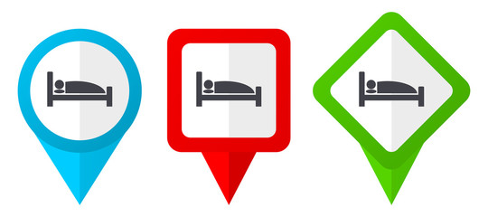 Poster - Hotel red, blue and green vector pointers icons. Set of colorful location markers isolated on white background easy to edit.