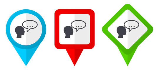 Fototapete - Forum red, blue and green vector pointers icons. Set of colorful location markers isolated on white background easy to edit.