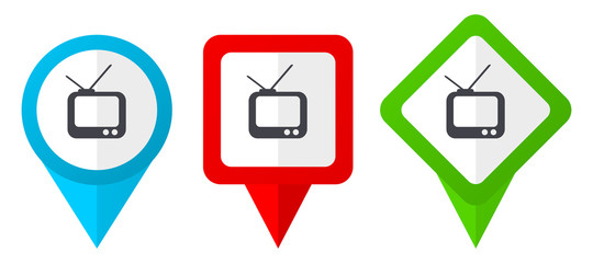 Leinwandbilder - Tv red, blue and green vector pointers icons. Set of colorful location markers isolated on white background easy to edit.