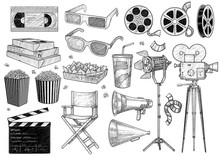 Cinema, Movie, Collection Illustration, Drawing, Engraving, Ink, Line Art, Vector