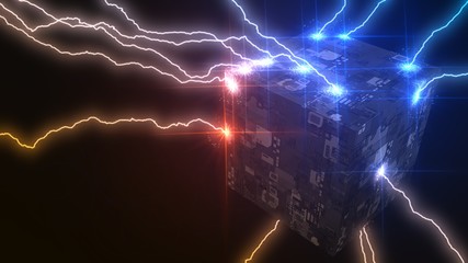 Poster - powerful lightning strikes on cube and makes cracks on surface of sphere. 3d illustration