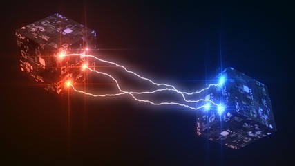 powerful lightning strikes between cubes and makes cracks on surface of sphere. 3d illustration