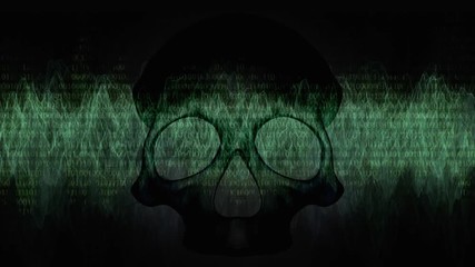 Risk lurking on the Internet - a dark theme.
Loop ready animation of passing binary code on waveform with black skull in front of it.