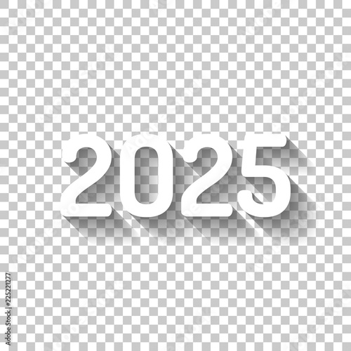 Fotografia 2025 number icon. Happy New Year. White icon with shadow on tran