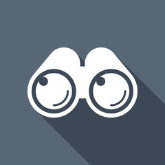 Simple binocular icon. White flat icon with long shadow on backg