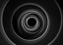 Vector Striped Spiral Abstract Tunnel Dark Background. Spiral Funnel. Gray Twisted Ray Black Hole. Exciting Gently Spiraling Optical Illusion Background. Abstract Elegant Modern Swirl Cover Concept.