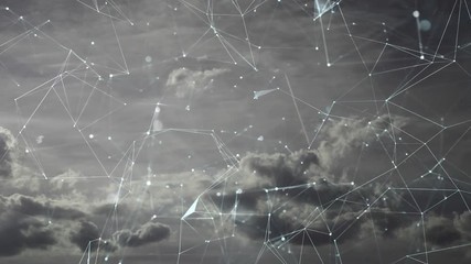 Artistic lines, dots and triangles motion on clouds time-lapse background.
