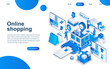 © alexdndz - Modern isometric design concept of Online Shopping for website and mobile website development. Isometric landing page template. E-commerce market, shopping payment. Vector illustration.