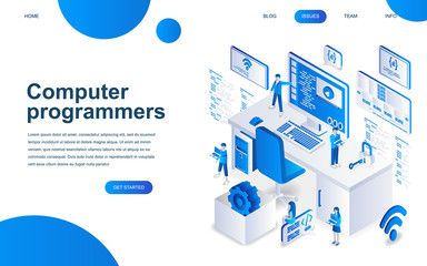 Modern isometric design concept of Computer Programmers for website and mobile website development. Isometric landing page template. Developer of project team of engineers. Vector illustration.
