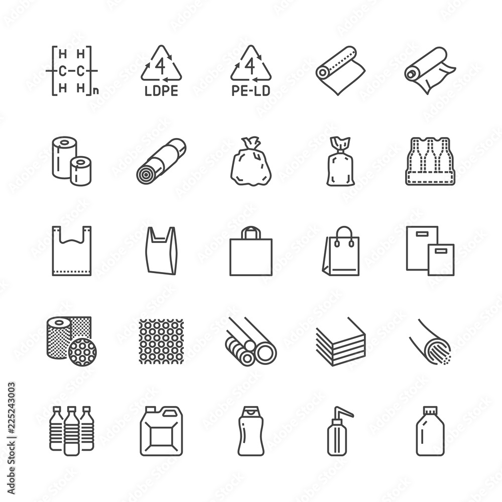 Low density polyethylene flat line icons. LDPE products - food package film, thermoresistant paper, garbage bag, plastic bottle, bubble wrap vector illustrations. Pixel perfect 64x64. Editable Strokes - obrazy, fototapety, plakaty 