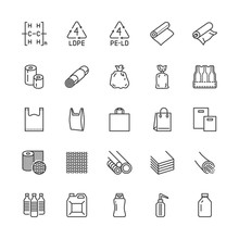 Low Density Polyethylene Flat Line Icons. LDPE Products - Food Package Film, Thermoresistant Paper, Garbage Bag, Plastic Bottle, Bubble Wrap Vector Illustrations. Pixel Perfect 64x64. Editable Strokes