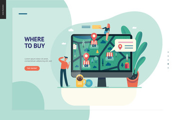 Business series, color 1 - where to buy - modern flat vector concept illustration of map, marked shops, computer screen Selling interaction and purchasing process Creative landing page design template