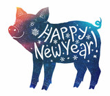 Fototapeta Dinusie - Blue and red color pig silhouette with white hand drawn lettering Happy New Year Vector holiday element