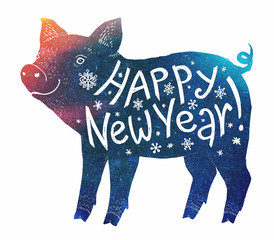 Wall Mural - Blue and red color pig silhouette with white hand drawn lettering Happy New Year Vector holiday element