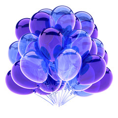 blue party balloon 3d illustration, birthday balloons bunch colorful purple. anniversary graduation celebrate decoration icon concept