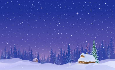 Wall Mural - Snowy night village in a forest