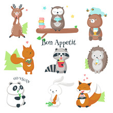 Cute Wild Animals Eating Food Vector Icon Set