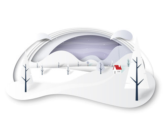 Aufkleber - Winter landscape scenery with house and mountains paper cut abstract background.Vector illustration.