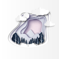 Aufkleber - Winter landscape scenery with forest and mountains paper cut abstract background.Vector illustration.