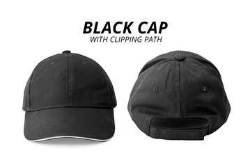 Black cap isolated on white background. Template of baseball cap in front and back view. ( Clipping path )