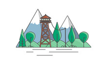 Vector Flat Art Landscape With Outline Stroke Design, With Fire Lookout Tower