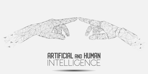 Robot and human touching hands vector polygonal background